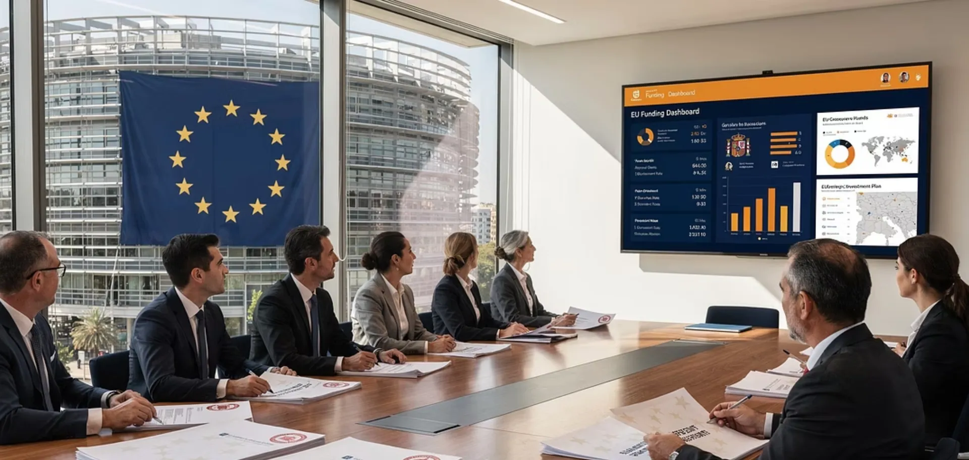 Equipo de consultores analizando programas de fondos europeos para empresas españolas