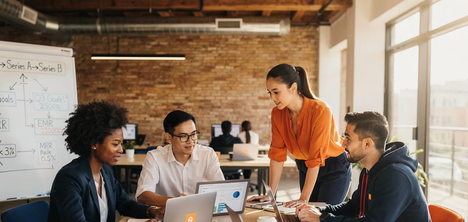 Equipo de startup tecnológica trabajando en su producto con apoyo de consultores de financiación pública